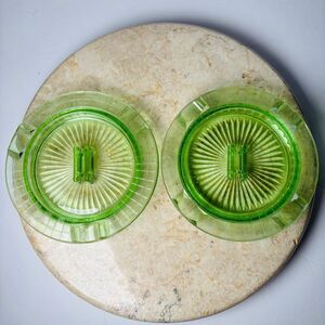 2 Green Uranium Depression Glass Hazel Atlas Ashtray With Center Matchbox Holder